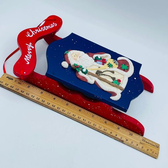 Merry Christmas Wooden Sled Sculpted Resin Santa Claus Hand Panted Sleigh - Picture 4 of 7